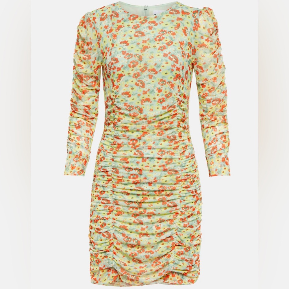 GANNI Floral Ruched Long Sleeve Mini dress Green, Yellow, Orange tones Size 40